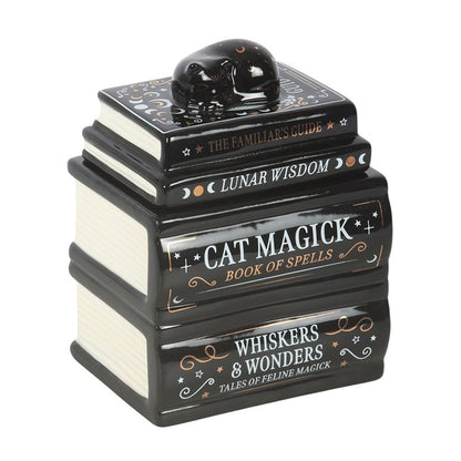 Black Cat Book Stack Oil Burner | Ceramic | Witchy Decor | Tealight Holder | New