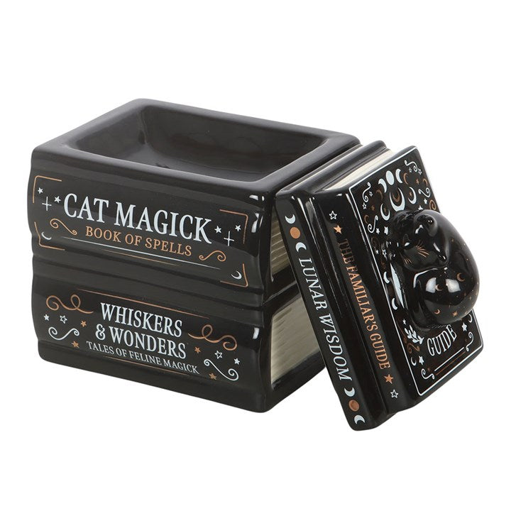 Black Cat Book Stack Oil Burner | Ceramic | Witchy Decor | Tealight Holder | New
