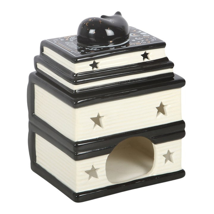 Black Cat Book Stack Oil Burner | Ceramic | Witchy Decor | Tealight Holder | New