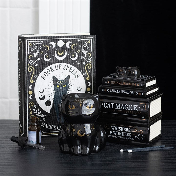 Black Cat Book Stack Oil Burner | Ceramic | Witchy Decor | Tealight Holder | New