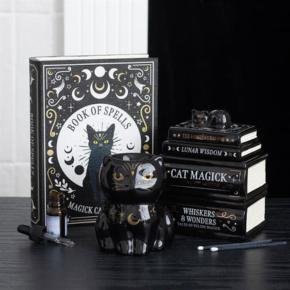 Black Cat Book Stack Oil Burner | Ceramic | Witchy Decor | Tealight Holder | New