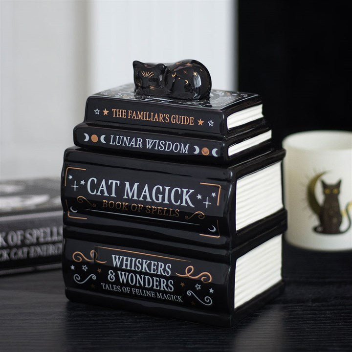 Black Cat Book Stack Oil Burner | Ceramic | Witchy Decor | Tealight Holder | New