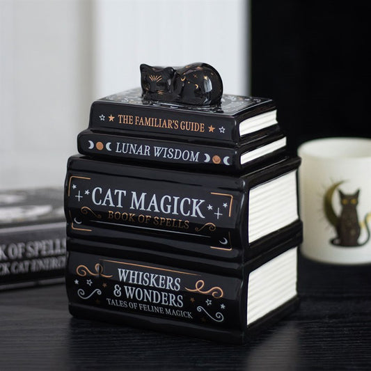 Black Cat Book Stack Oil Burner | Ceramic | Witchy Decor | Tealight Holder | New
