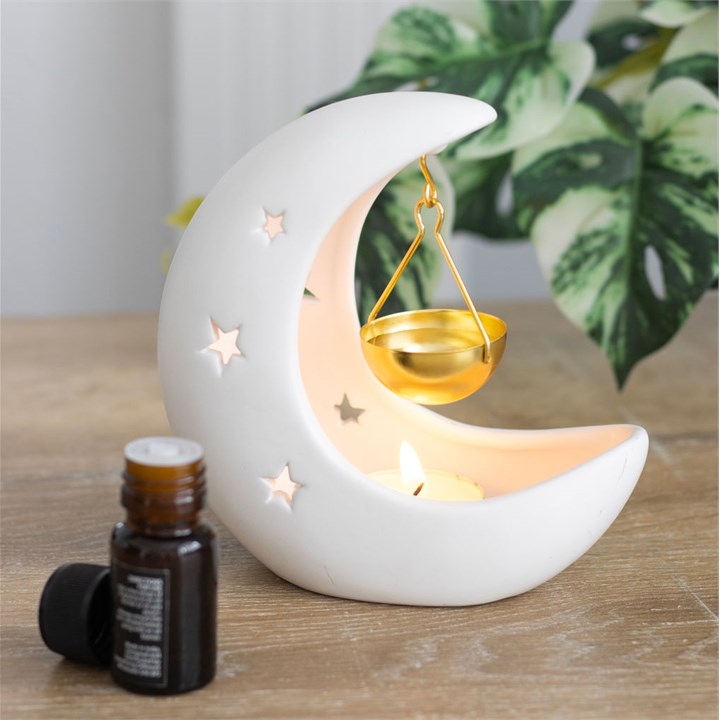 White Crescent Moon Oil Burner with Gold Dish | Ceramic | Star Cut-Out | New