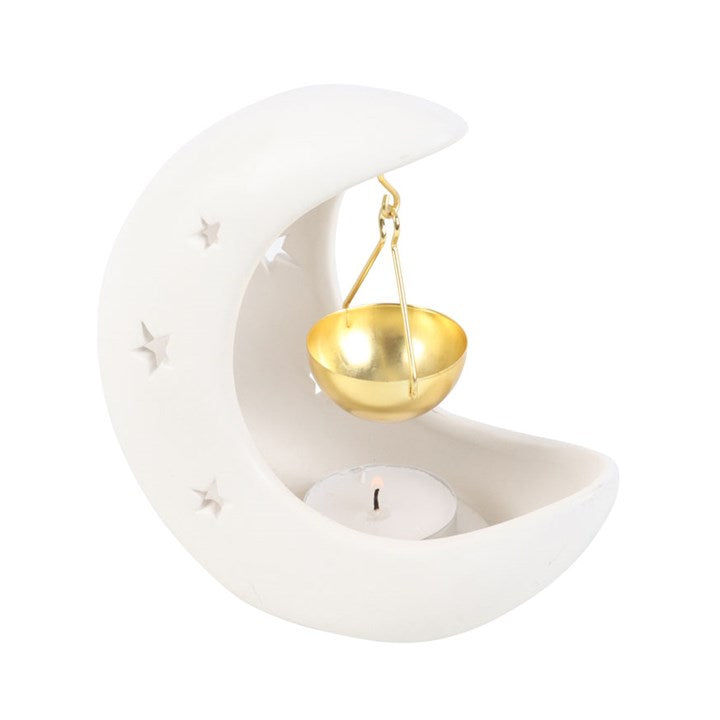 White Crescent Moon Oil Burner with Gold Dish | Ceramic | Star Cut-Out | New