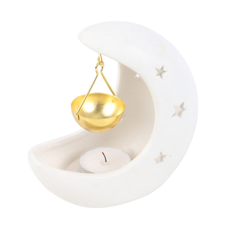 White Crescent Moon Oil Burner with Gold Dish | Ceramic | Star Cut-Out | New