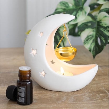 White Crescent Moon Oil Burner with Gold Dish | Ceramic | Star Cut-Out | New
