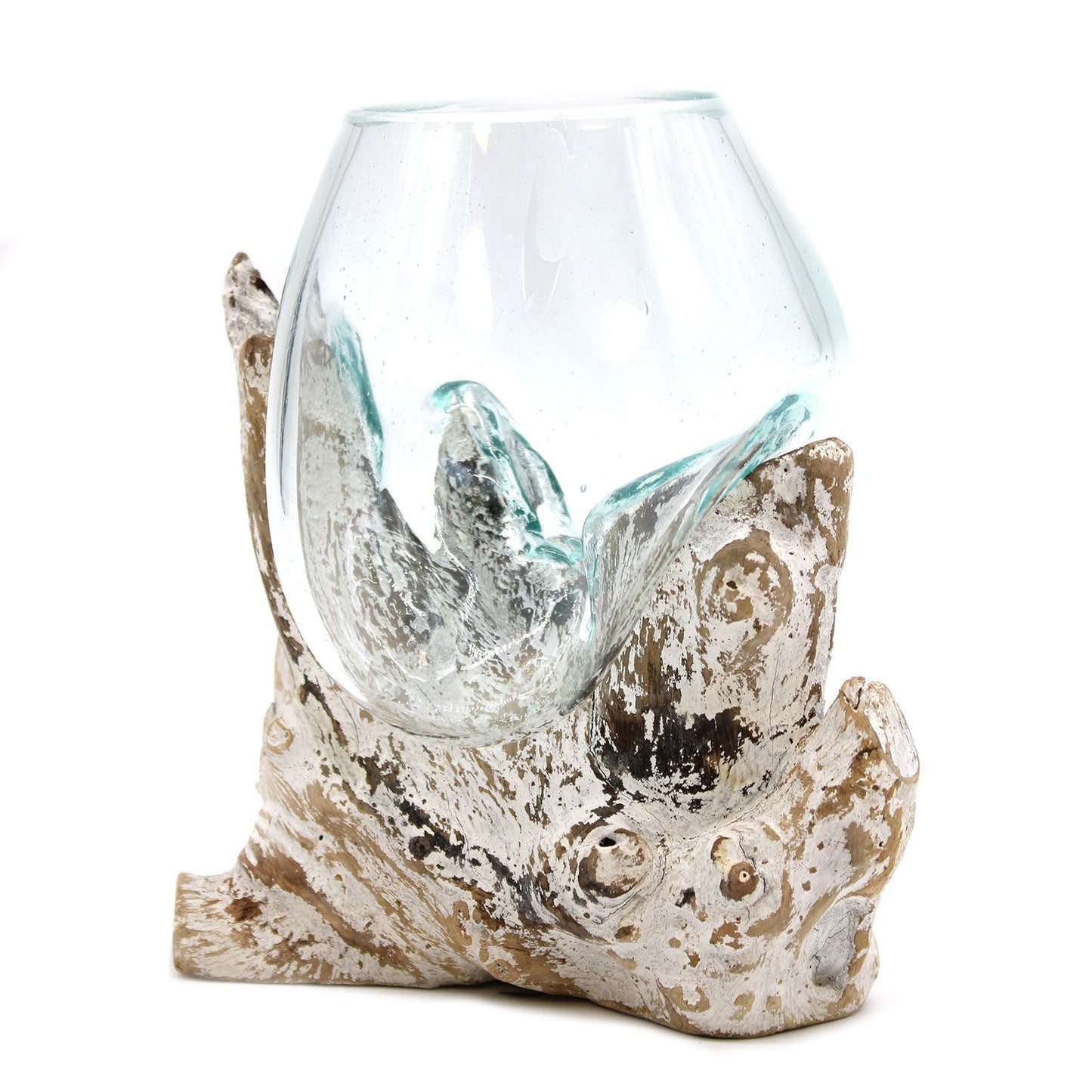 Molten Glass on Whitewash Wood | Medium Bowl | Handmade in Bali | 16x12x12cm | New