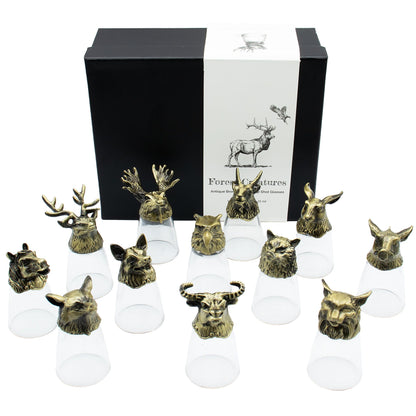 Bottom Up Shot Glass Gift Set of 12 | Forest & Mystical Creatures | 25ml | Antique Bronze | New