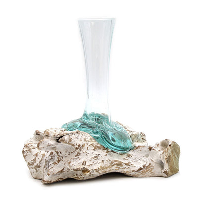 Molten Glass Vase on Whitewash Wood | Medium | Handmade in Bali | 24x16x12cm | New