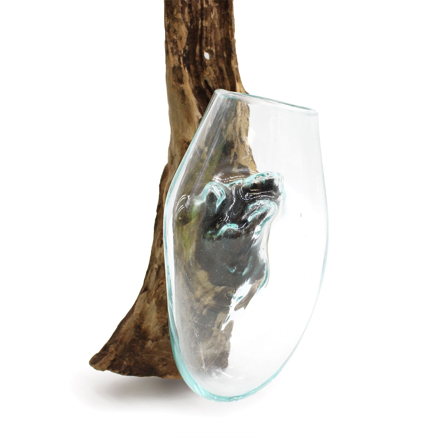 Molten Glass Hanging Bowl on Driftwood | Handmade Balinese Art | 15x24x24cm | New