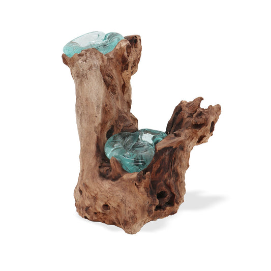 Molten Glass Candle Double Holder on Driftwood | Handmade in Bali | 20x30x17cm | New