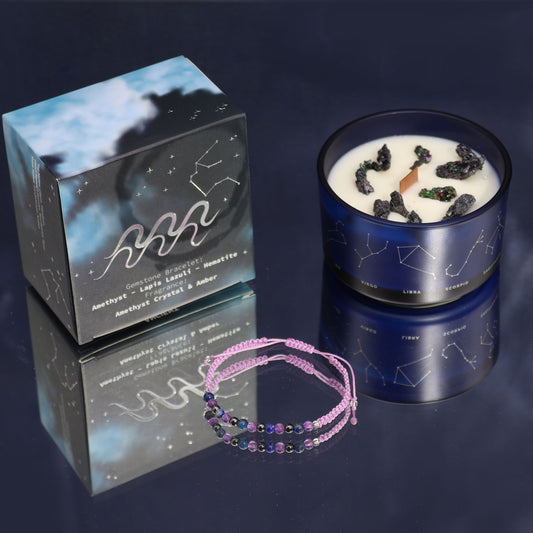 Aquarius Birthday Zodiac Candle and Crystal Bracelet Gift Set | Soy Wax | Amethyst and Lapis Lazuli and Hematite