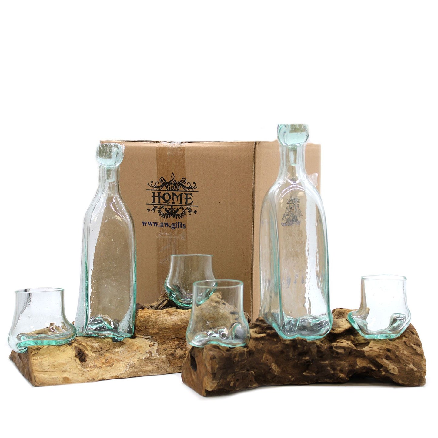 Molten Glass Whisky Set on Driftwood | 500ml Decanter & Glasses | 26x27x33cm | New