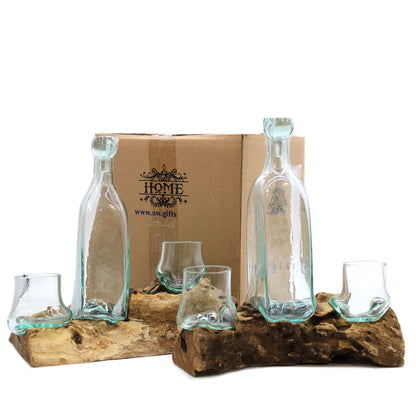 Molten Glass Whisky Set on Driftwood | 500ml Decanter & Glasses | 26x27x33cm | New