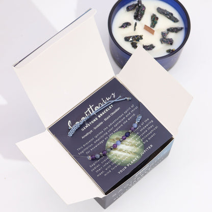 Sagittarius Birthday Zodiac Candle and Crystal Bracelet Gift Set | Soy Wax | Amethyst and Sodalite and Black Obsidian