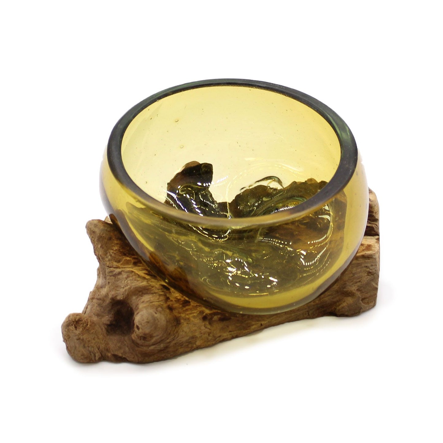 Molten Glass Mini Amber Bowl on Driftwood | Handmade in Bali | 12x6x7cm | New