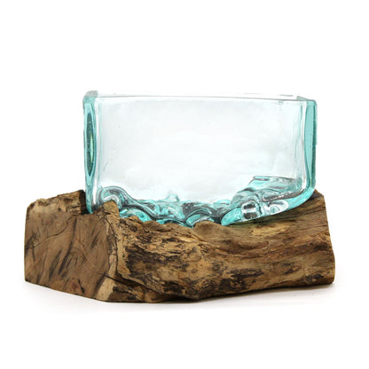 Molten Glass Tank on Driftwood with Stand | Medium Bowl | Handmade in Bali | 12x15x8cm | New