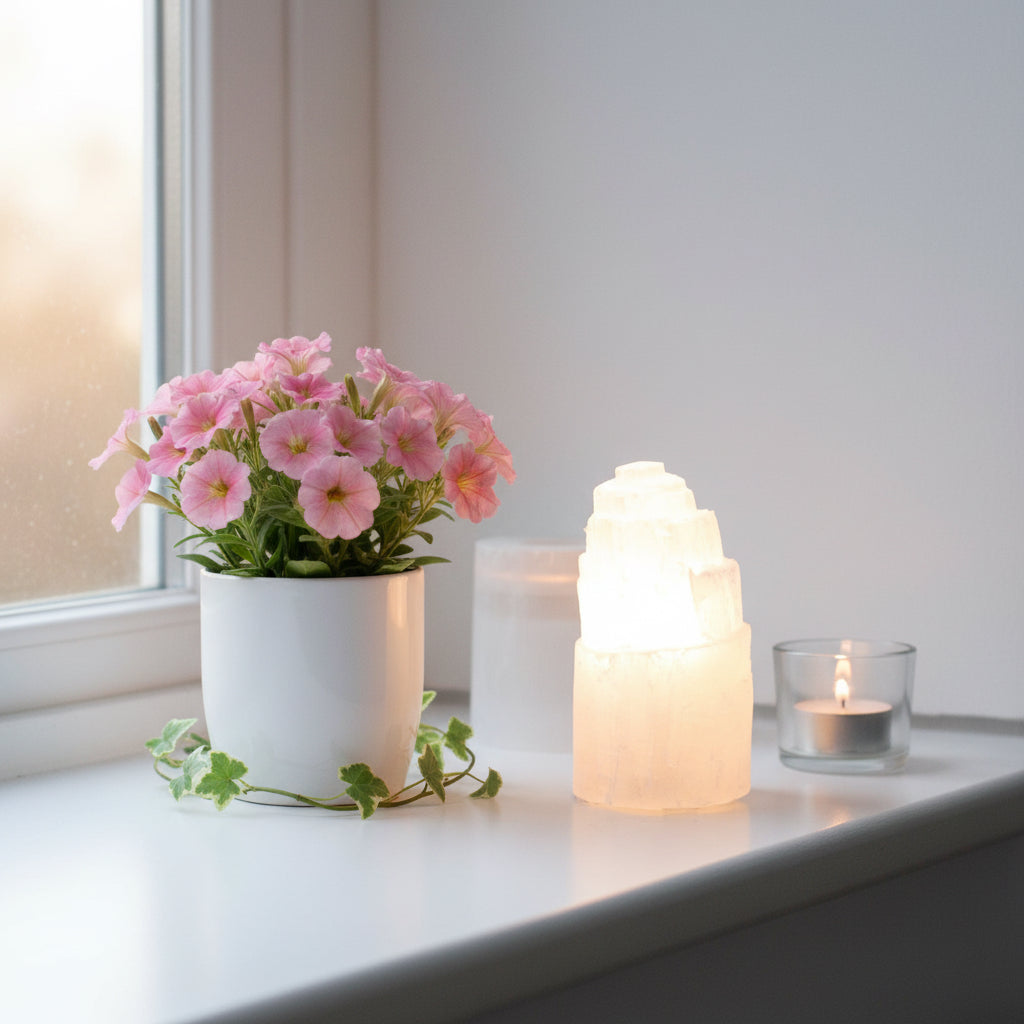 Natural Selenite Tower Lamp - 15 cm