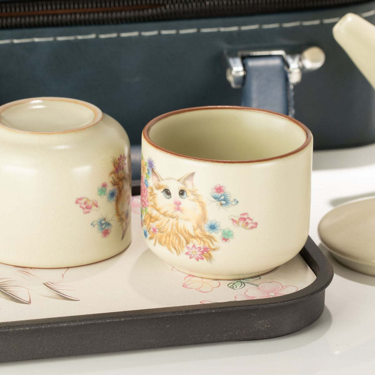 Cat Design Travel Teapot Set | Cat Lover Gift | Teapot and Two Cups