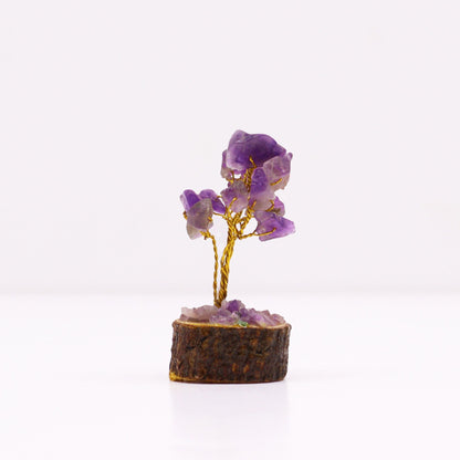 Mini Amethyst Gemstone Tree on Wood Base | 15 Stones | 4x3x6cm | New