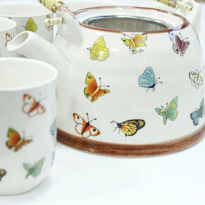 Butterfly Ceramic Herbal Teapot Set 7 Piece | Artisan Style | Nature Inspired Tea Lover Gift Set