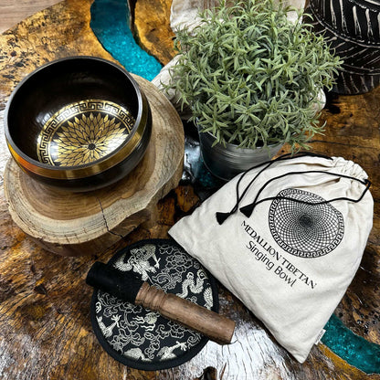 Round Medallions Singing Bowl Gift Set | Hand Beaten and Engraved | 14cm | Brass | New