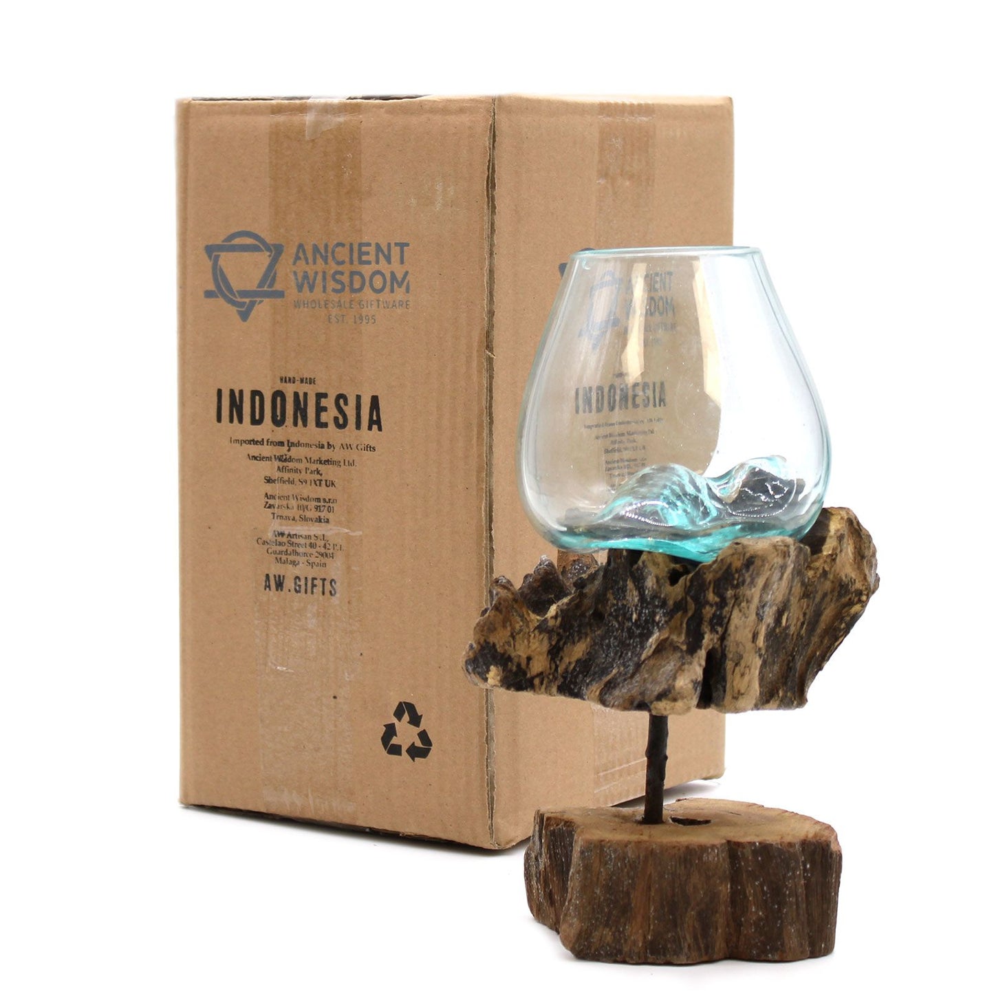 Molten Glass Medium Bowl on Driftwood with Stand | Handmade in Bali | 25x14x10cm | New