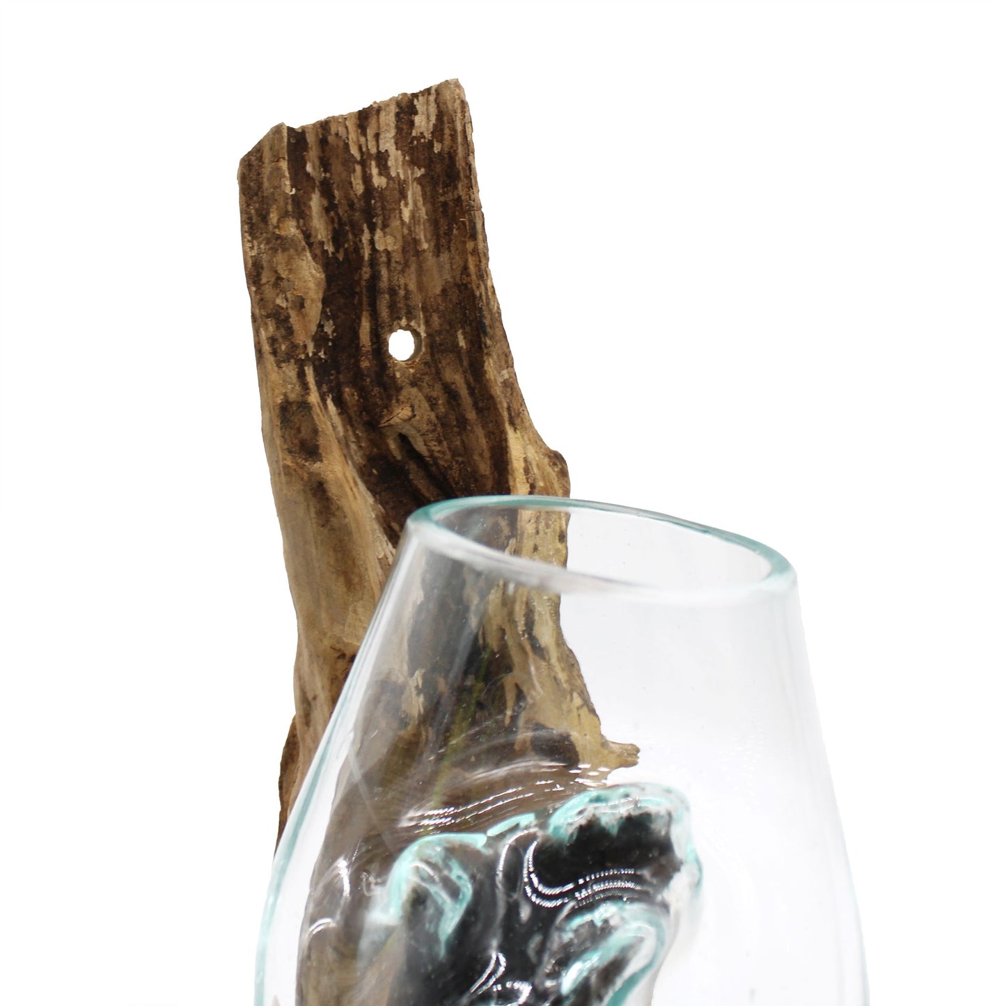 Molten Glass Hanging Bowl on Driftwood | Handmade Balinese Art | 15x24x24cm | New