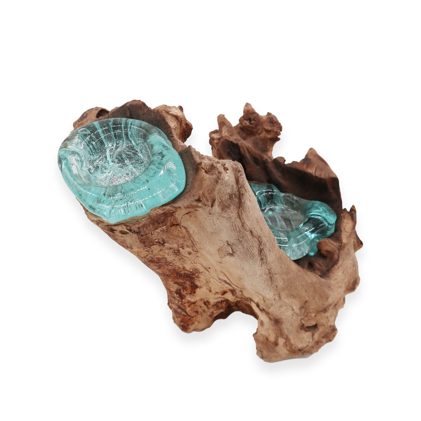 Molten Glass Candle Double Holder on Driftwood | Handmade in Bali | 20x30x17cm | New