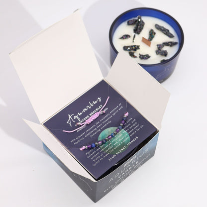 Aquarius Birthday Zodiac Candle and Crystal Bracelet Gift Set | Soy Wax | Amethyst and Lapis Lazuli and Hematite