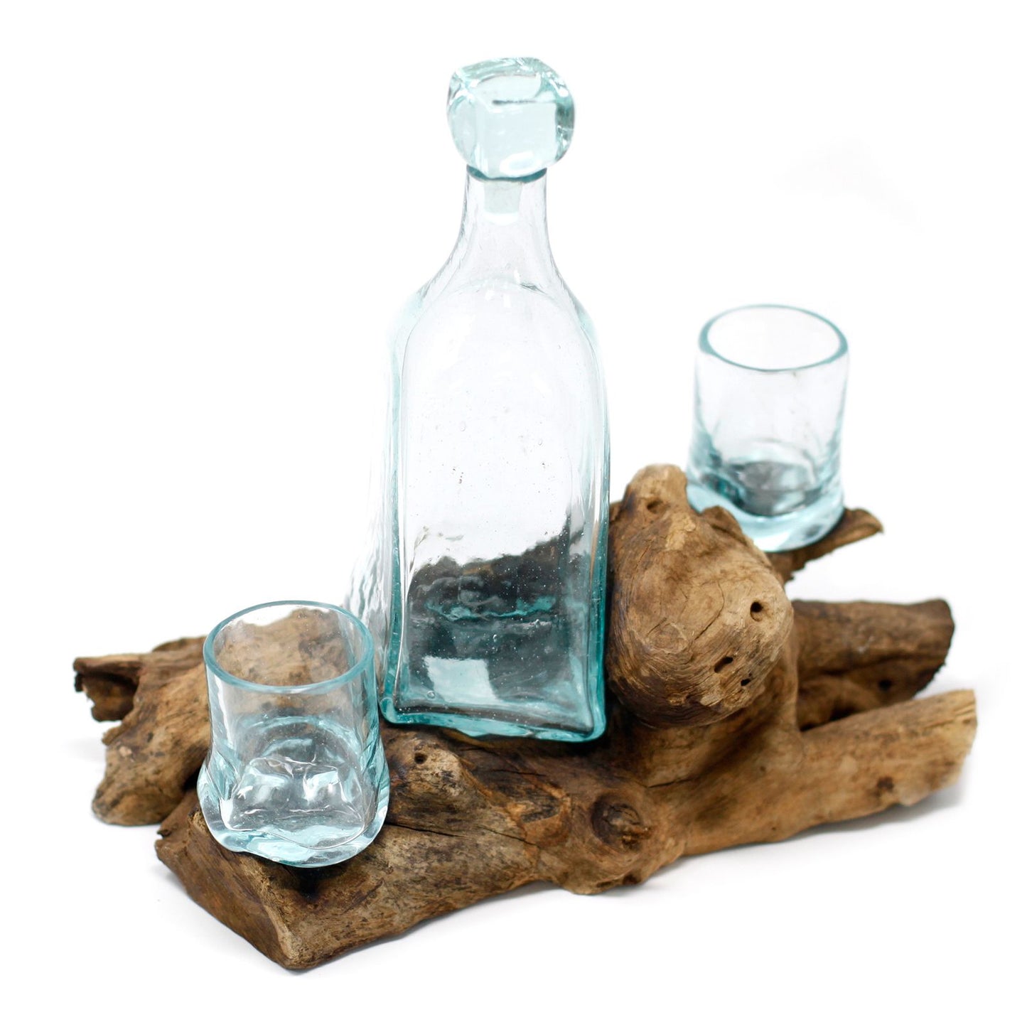 Molten Glass Whisky Set on Driftwood | 500ml Decanter & Glasses | 26x27x33cm | New