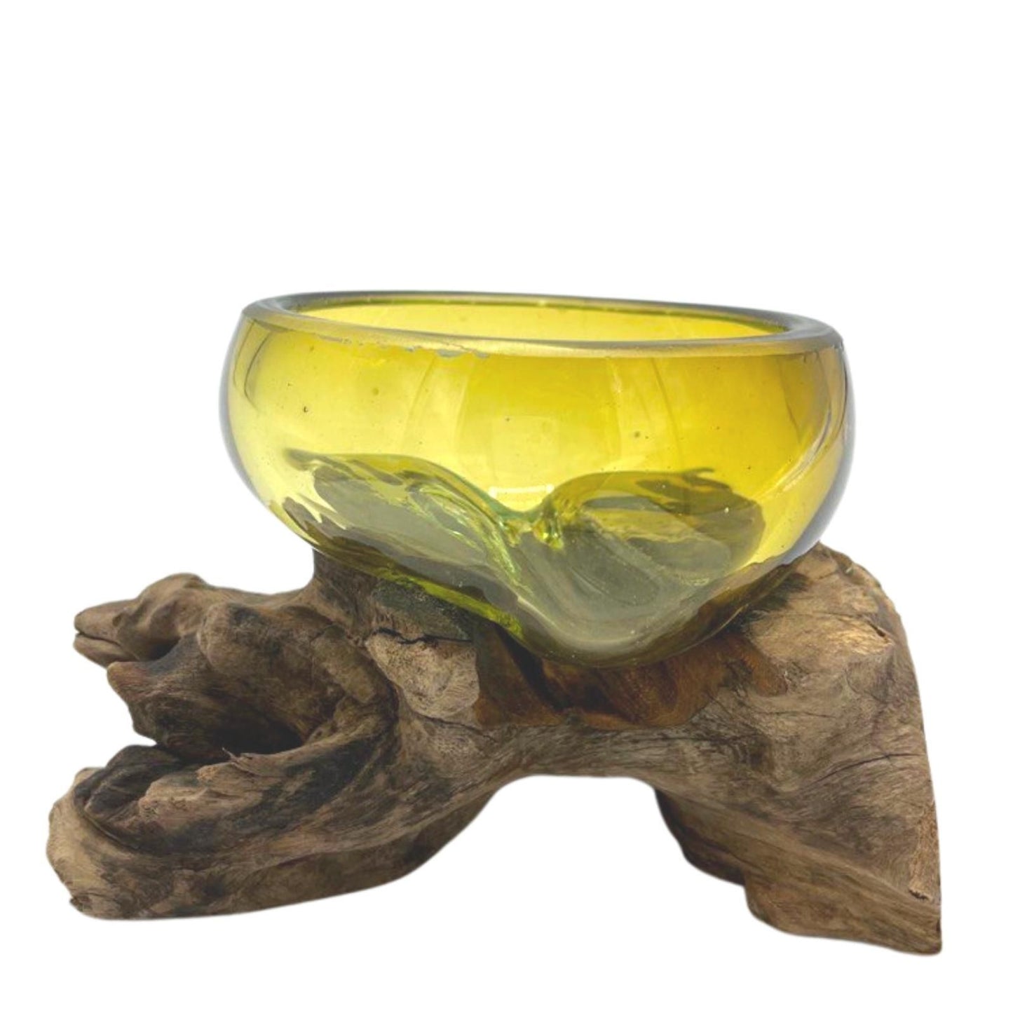 Molten Glass Mini Amber Bowl on Driftwood | Handmade in Bali | 12x6x7cm | New