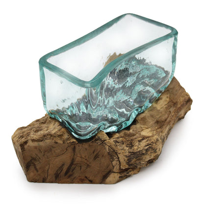 Molten Glass Tank on Driftwood with Stand | Medium Bowl | Handmade in Bali | 12x15x8cm | New