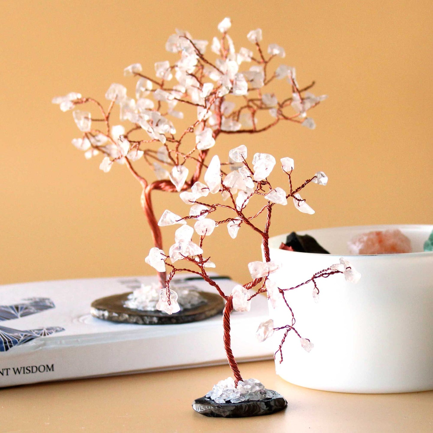 Rock Quartz Gemstone Tree on Black Agate Base | 35 Stones | 7x4.5x10cm | New
