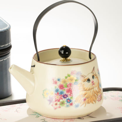 Cat Design Travel Teapot Set | Cat Lover Gift | Teapot and Two Cups