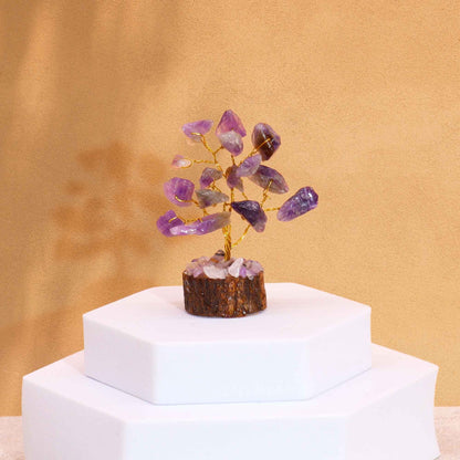 Mini Amethyst Gemstone Tree on Wood Base | 15 Stones | 4x3x6cm | New