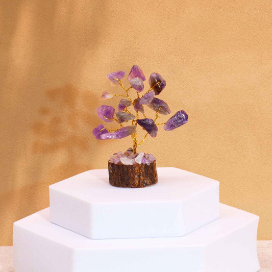 Mini Amethyst Gemstone Tree on Wood Base | 15 Stones | 4x3x6cm | New