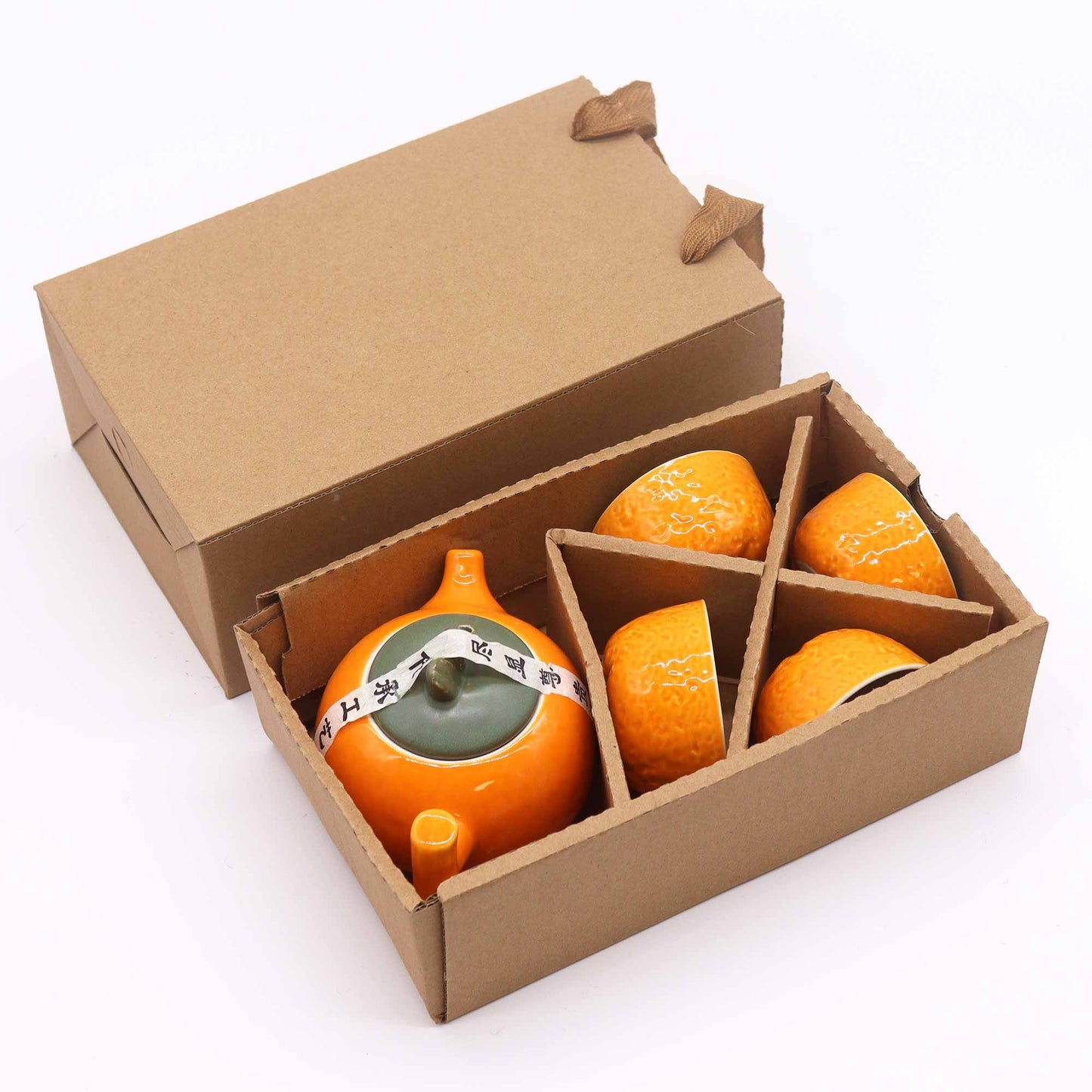 Orange Ceramic Herbal Teapot Set 5 Piece | 1 Pot and 4 Cups | Vibrant Artisan Tea Lover Gift