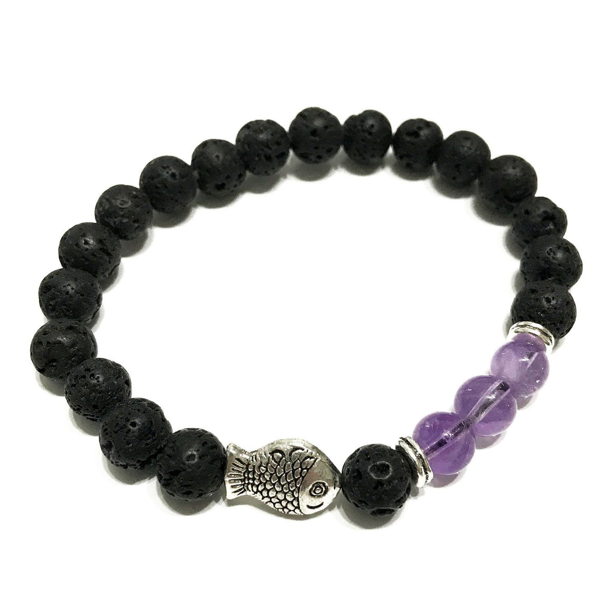 Fish Amethyst Lava Stone Bracelet | Fish Charm | Essential Oil Diffuser Beads | Stretch Fit | Unisex