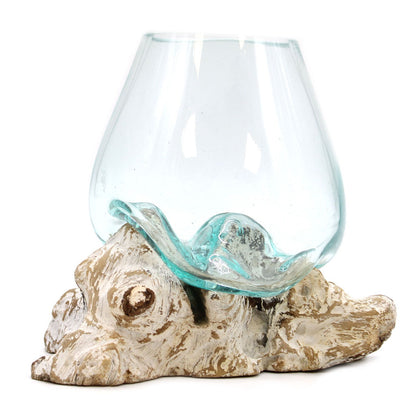 Molten Glass on Whitewash Wood | Large Bowl | Handmade in Bali | 20x16x15cm | New