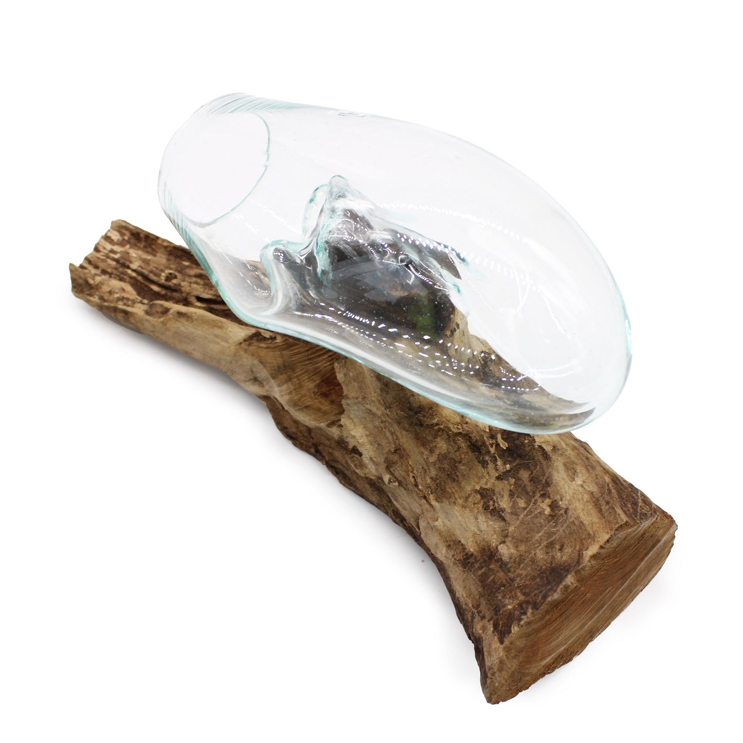 Molten Glass Hanging Bowl on Driftwood | Handmade Balinese Art | 15x24x24cm | New