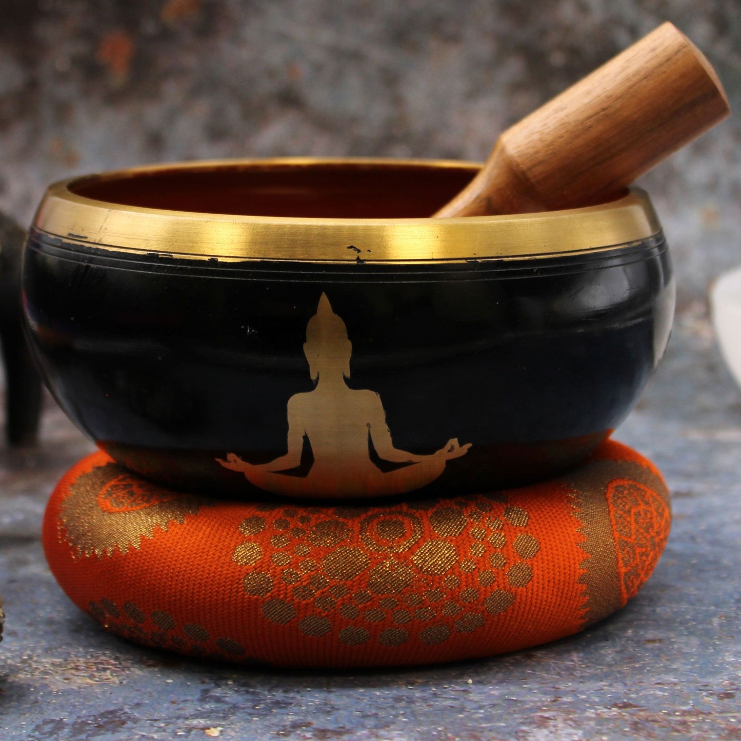Buddha Singing Bowl Set | Black and Orange | 14cm | Brass | New