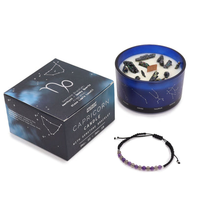 Capricorn Zodiac Crystal Candle with Gemstone Bracelet | Soy Wax | Amethyst and Smoky Quartz | Wooden Crackle Wick | Peruvian Pyrite