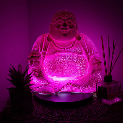 Laughing Buddha Lamp | Dragonfruit Crackle Finish | Round Stand | Handmade in Indonesia | New