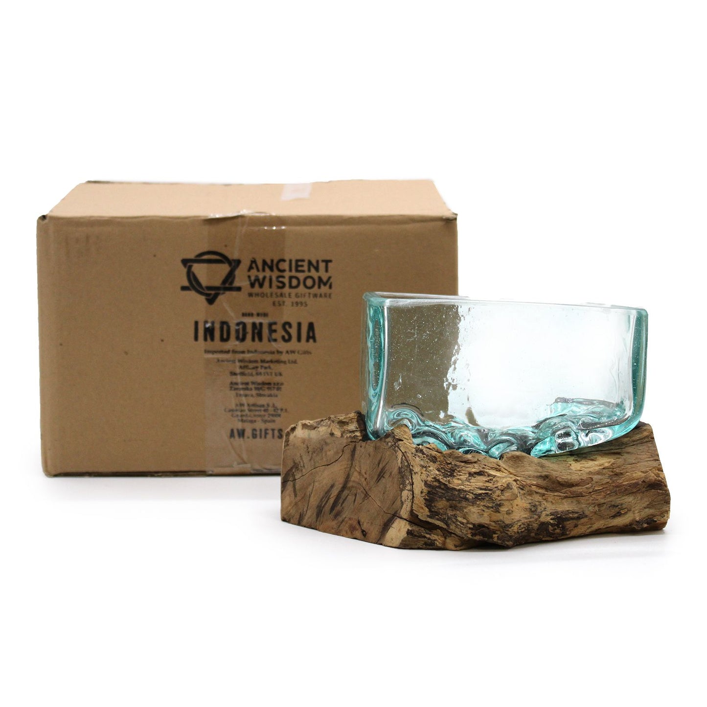 Molten Glass Tank on Driftwood with Stand | Medium Bowl | Handmade in Bali | 12x15x8cm | New