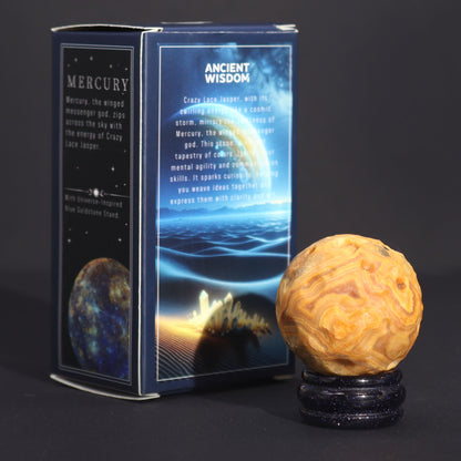 Mercury Gemstone Planet Crazy Lace Jasper Sphere 40mm | Solar Goldstone Stand | Luck Chance Communication