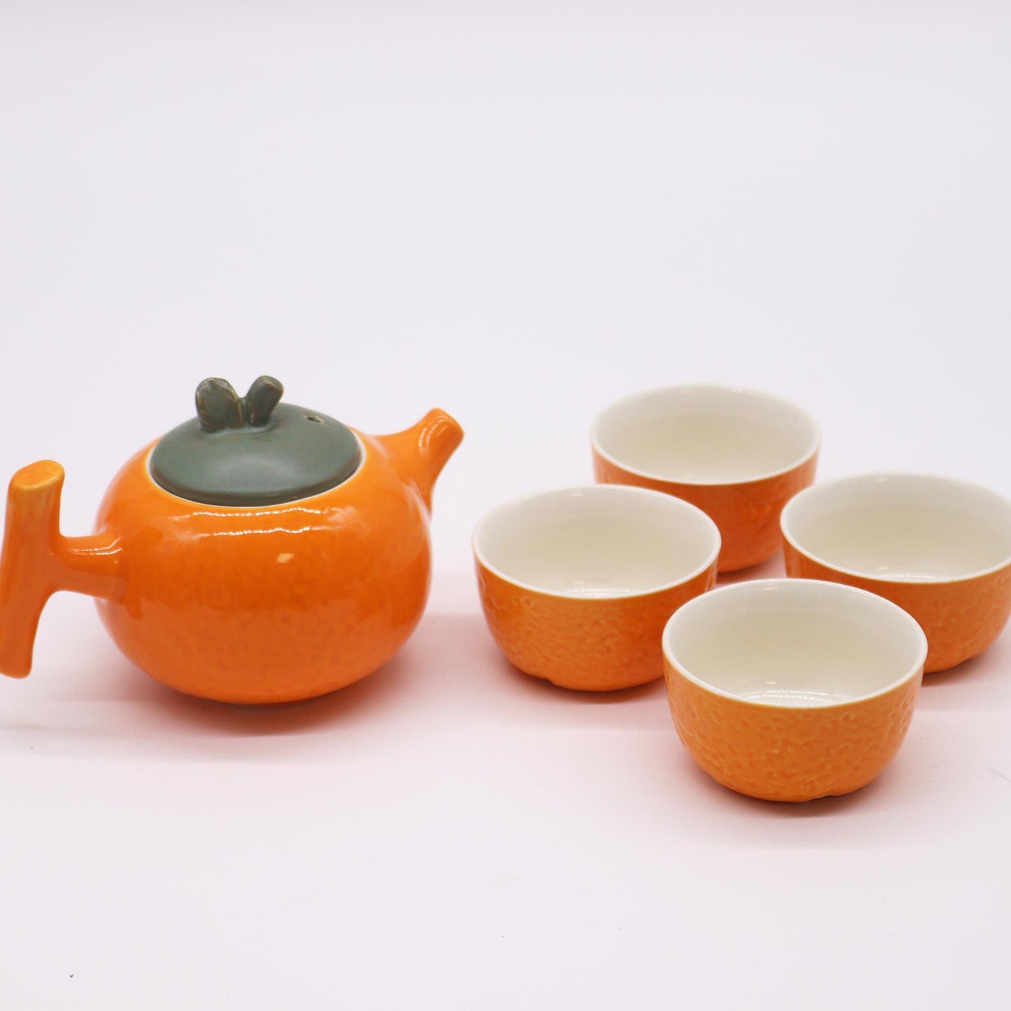 Orange Ceramic Herbal Teapot Set 5 Piece | 1 Pot and 4 Cups | Vibrant Artisan Tea Lover Gift