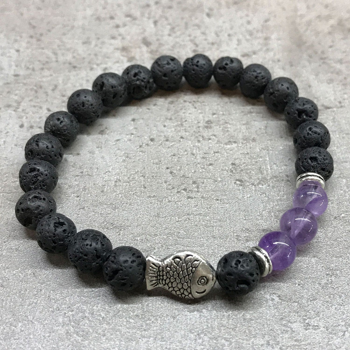 Fish Amethyst Lava Stone Bracelet | Fish Charm | Essential Oil Diffuser Beads | Stretch Fit | Unisex