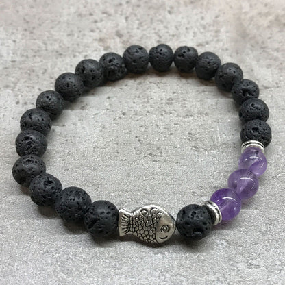 Fish Amethyst Lava Stone Bracelet | Fish Charm | Essential Oil Diffuser Beads | Stretch Fit | Unisex